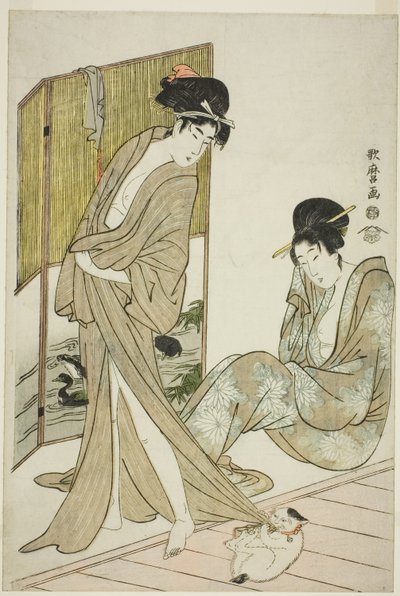Twee jonge vrouwen na een bad door Kitagawa Utamaro