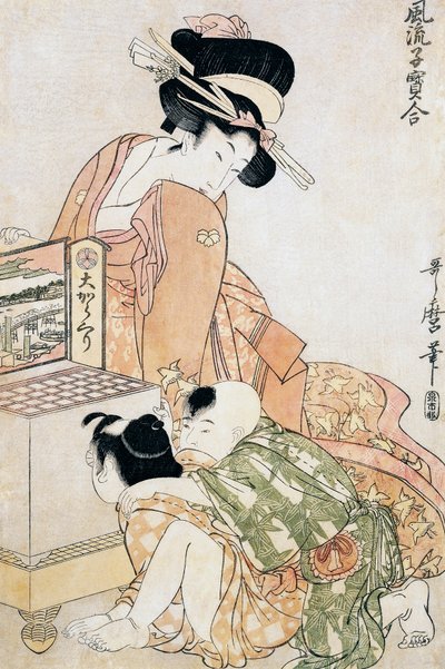 Twee kinderen kijken in een grote optische doos door Kitagawa Utamaro