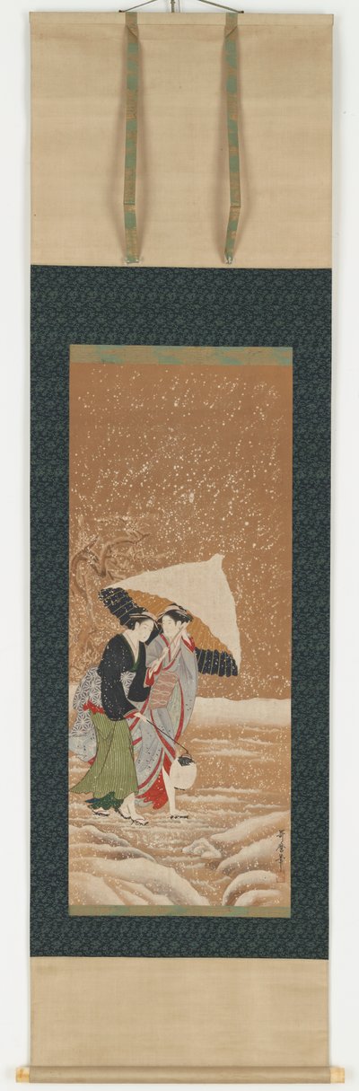 Twee meisjes onder paraplu in sneeuwstorm door Kitagawa Utamaro