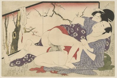 Vrijend paar naast kamerscherm (Negai no itoguchi) door Kitagawa Utamaro