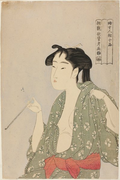 Vrouw die rook uit een pijp uitblaast, uit de serie "Tien klassen van vrouwenfysiognomie" door Kitagawa Utamaro