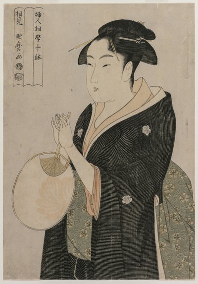 Vrouw met een waaier uit de serie Tien aspecten van de fysiognomie van vrouwen, ca. 1793 door Kitagawa Utamaro