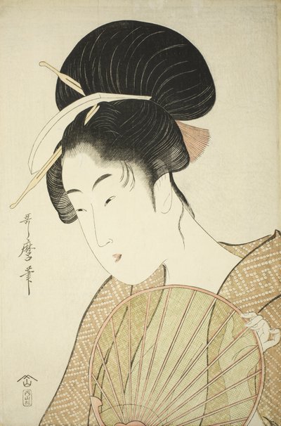 Vrouw met een ronde waaier, ca. 1797 door Kitagawa Utamaro