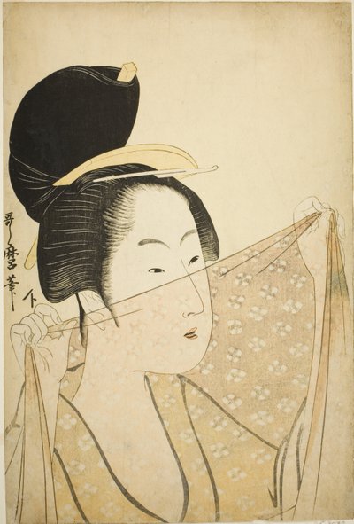 Vrouw die een stuk stof omhoog houdt (Nuno o kazasu onna) door Kitagawa Utamaro
