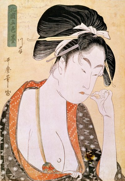 Vrouw die naar de lippen verlangt Japanse prent door Utamaro Kitagawa (1753-1806). 18e eeuw. Parijs, Guimet Museum, Aziatisch Kunstmuseum door Kitagawa Utamaro