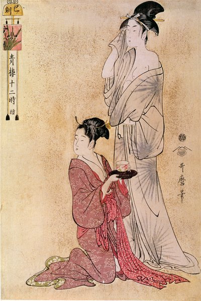 Vrouw wordt geholpen door haar dienstmeid Japanse prent door Utamaro Kitagawa (1753-1806). 18e eeuw. Parijs, Guimet Museum, Aziatische Kunst Museum door Kitagawa Utamaro