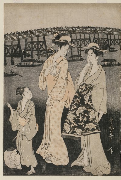 Vrouwen Genieten van de Avondkoelte bij de Ryogoku-brug door Kitagawa Utamaro