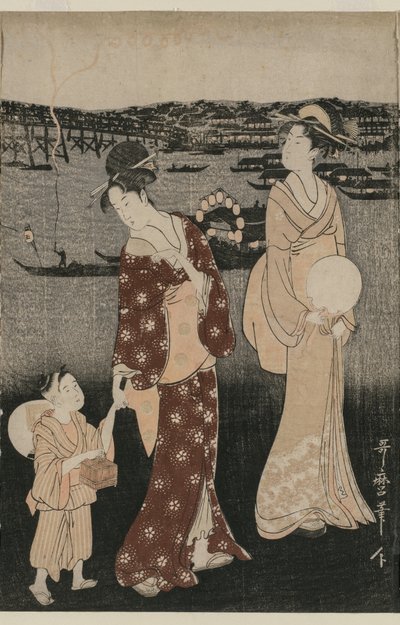 Vrouwen Genieten van de Avondkoelte bij de Ryogoku-brug door Kitagawa Utamaro