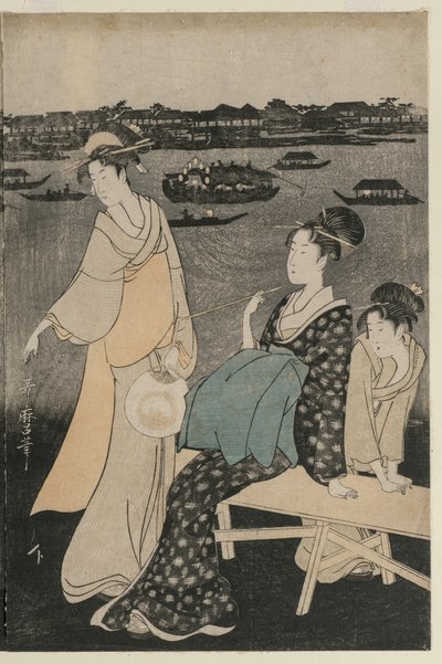 Vrouwen Genieten van de Avondkoelte bij de Ryogoku-brug door Kitagawa Utamaro
