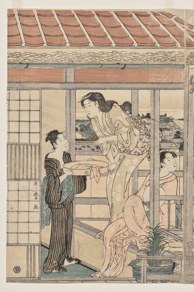 Vrouwen die Wasgoed Ophangen om te Drogen op een Balkon door Kitagawa Utamaro