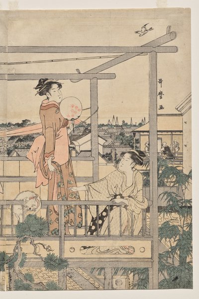 Vrouwen die Wasgoed Ophangen om te Drogen op een Balkon door Kitagawa Utamaro