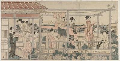 Vrouwen die was ophangen op een balkon door Kitagawa Utamaro