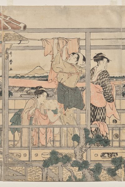 Vrouwen die was ophangen op een balkon door Kitagawa Utamaro