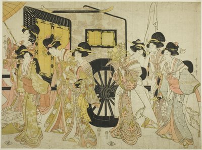 Vrouwen die een keizerlijke processie imiteren door Kitagawa Utamaro