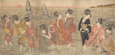 Vrouwen die de Opkomende Zon aanbidden tussen de Tweelingrotsen bij Ise, laat 18e-begin 19e eeuw door Kitagawa Utamaro