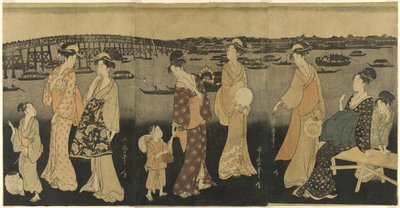 Vrouwen kijken naar vuurwerk bij de Sumida Rivier door Kitagawa Utamaro
