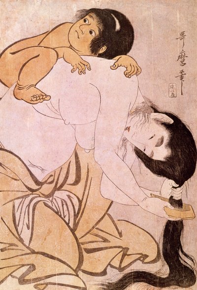 Yamauba en Kintoki De moeder kamt haar haar terwijl ze haar kind op haar rug draagt door Kitagawa Utamaro