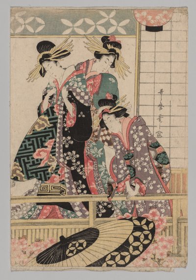 Yoshiwara-vrouwen kijken de straat in in de lente door Kitagawa Utamaro