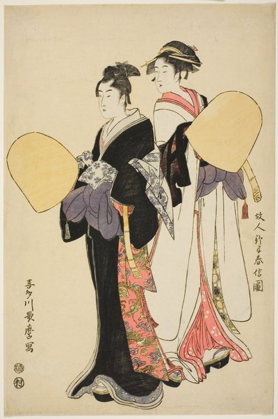 Jong stel verkleed als bedelmonniken door Kitagawa Utamaro