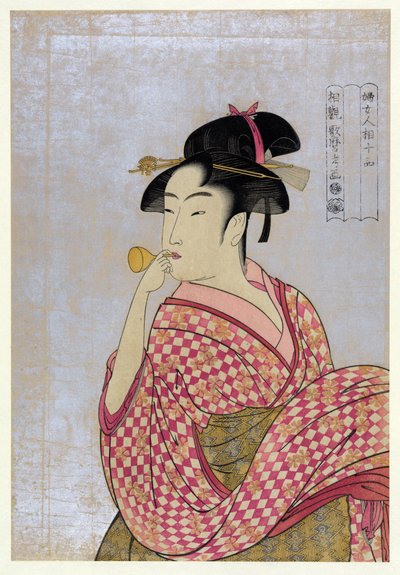 Jonge vrouw die een glazen pijp blaast door Kitagawa Utamaro