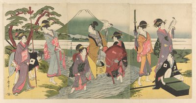 Jonge man en zijn groep steken een beek over voor Mt. Fuji door Kitagawa Utamaro