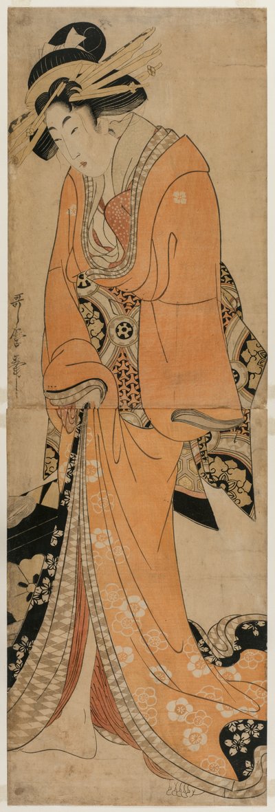Geisha staand naast een shamisenkist door Kitagawa Utamaro II