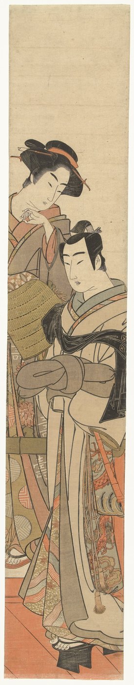 Jonge man met rieten hoed en dame door Kitao Masanobu (attributed to)