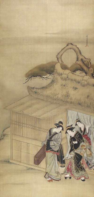 Nikuhitsu ukiyo-e: Geisha op weg naar een nachtelijke afspraak, c. 1784 door Kitao Masanobu