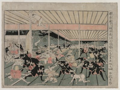 Chushingura: Act XI uit de serie Perspectiefbeelden voor Het Schathuis van Loyaliteit, c. 179 door Kitao Masayoshi