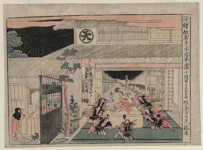 Chushingura: Act X uit de serie Perspectiefbeelden voor Het Schathuis van Loyaliteit, ca. 1790 door Kitao Masayoshi