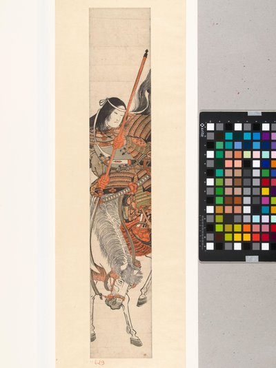Vrouwelijke krijger Tomoe Gozen in harnas met zwaard op paard door Kitao Shigemasa (attributed to)