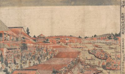Landschap met waterfestival en lantaarns door Kitao Shigemasa