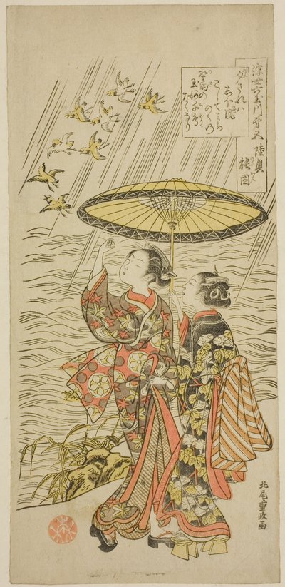Nr. 5: Noda-rivier in de Provincie Mutsu, uit de serie "Zes Juweelrivieren van de Drijvende Wereld (Ukiyo Mu Tamagawa)" door Kitao Shigemasa