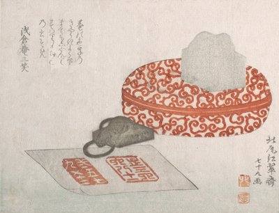 Zegels en een gesneden lakcontainer voor zegelinkt, 1817 door Kitao Shigemasa