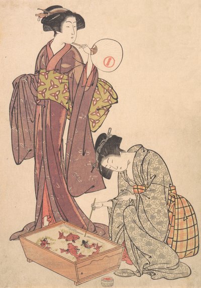Twee vrouwen die vissen voeren, 1739-1820 door Kitao Shigemasa