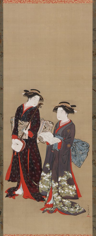 Twee meisjes staan, een houdt een open boek vast door Kitao Shigemasa