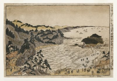 Uitzicht op de Gouden Schildpadheuvel bij Enoshima en Shichiri-strand vanaf de Kamakura-bergen, 1783-90 door Kitao Shigemasa
