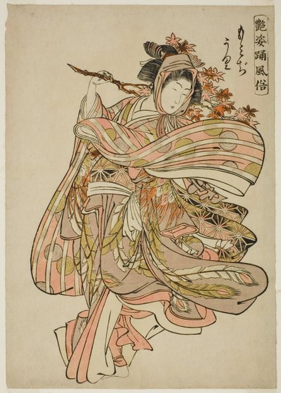 Bladeren van Esdoorns Bekijken (Momijigari), uit de serie "Dansgewoonten van Betoverende Figuren (Adesugata odori fuzoku)" door Kitao Shigemasa