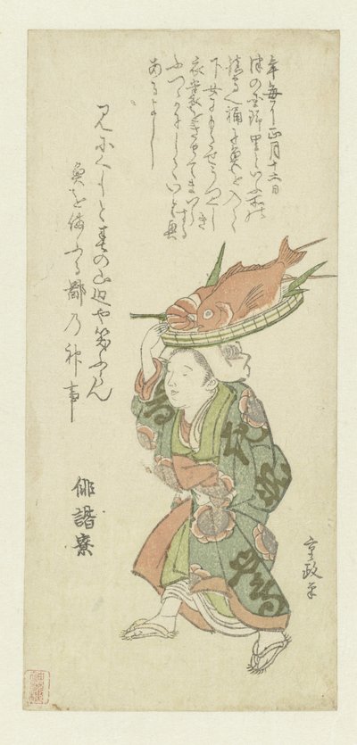 Vrouw die een dienblad met vis op haar hoofd draagt door Kitao Shigemasa