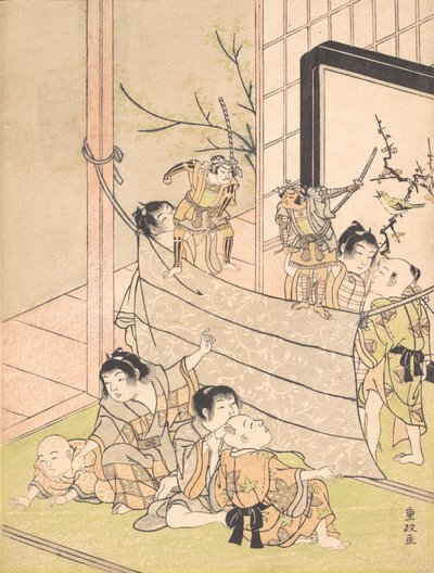 Jonge Jongens die een Poppenkastvoorstelling Geven, ca. 1770 door Kitao Shigemasa