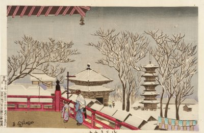 De Sensoji-tempel in de sneeuw door Kiyochika Kobayashi