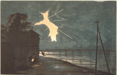 Donder en bliksem over de Onmaya-brug door Kiyochika Kobayashi