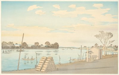 Veerboot met uitzicht op de berg Fuji, de rivier Okawa door Kiyochika Kobayashi