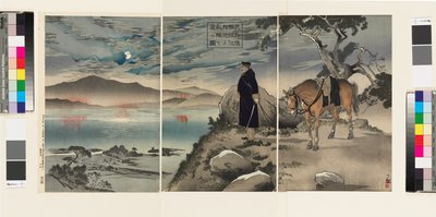 Afbeelding van onze verkenner die het vijandelijke kampement bij de Yalu-rivier verkent door Kiyochika Kobayashi