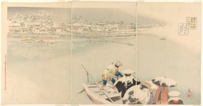 Tweede maand: Matsuchi-heuvel in de sneeuw bij schemering (Kisaragi, Matsuchiyama yuki no tasogare), uit de serie Ware uitzichten van beroemde plaatsen in Tokio (Tokyo meisho shinkei no uchi) door Kiyochika Kobayashi