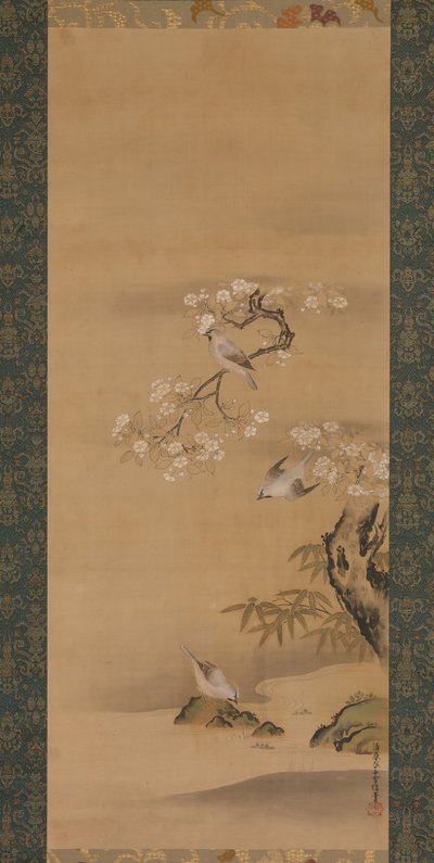 Pestvogels, Kersenbloesems en Bamboe, laat 17e eeuw door Kiyohara Yukinobu
