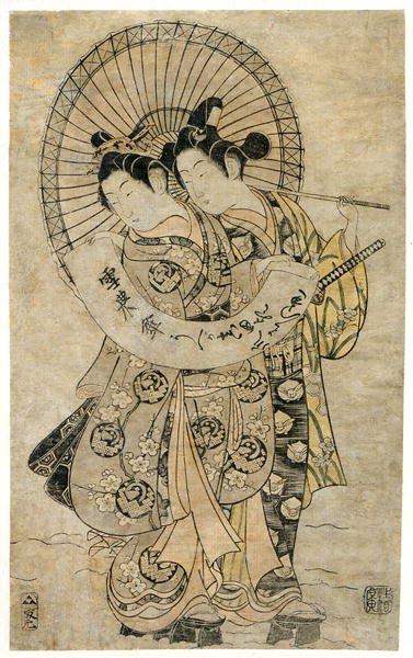 Geliefden die in de sneeuw staan en een vel papier vasthouden waarop een gedicht is geschreven door Kiyohiro Torii