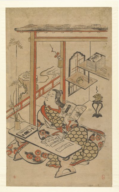 Vrouw aan tafel, lezend in de Vertelling van Genji door Kiyomasu (I) , Torii (attributed to)
