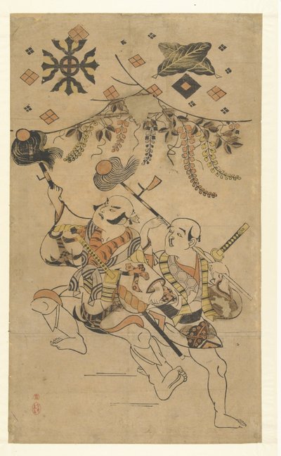 Acteurs Nakamura Denkuro I en Bando Matakuro, in de rol van Yakko, een speerdans uitvoerend door Kiyonobu (I) , Torii (attributed to)