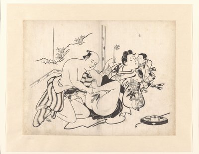 Erotische voorstelling met rookgerei en kamerscherm door Kiyonobu (I) , Torii